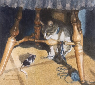 Gray and white cat peering at a mouse, both under a kitchen chair